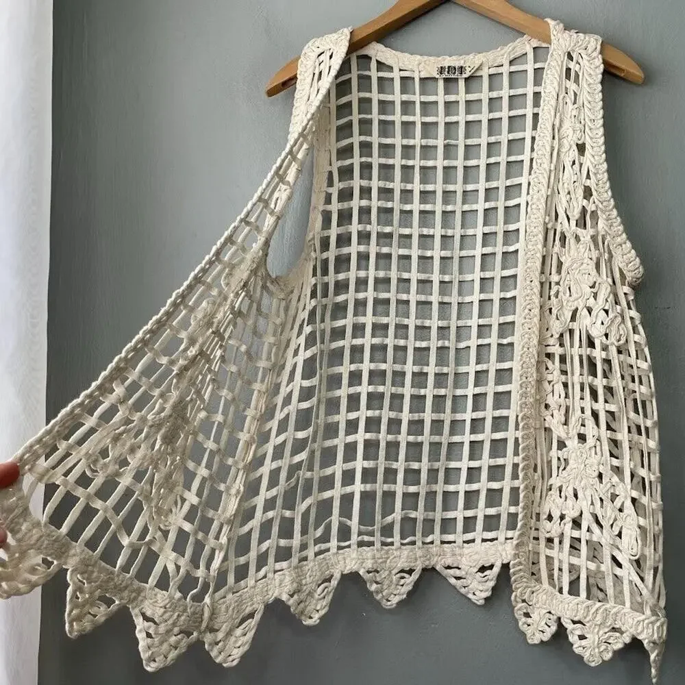 IDI by Matthew Size Medium Creamy Open Crochet Knit Vest Cardigan Beachy Boho - Picture 4 of 8